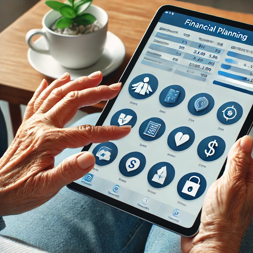 DALL·E 2024-07-29 01.47.14 - A caregiver using a financial planning app on a tablet, tracking expenses and budgeting for future care needs, symbolizing the use of technology in fi