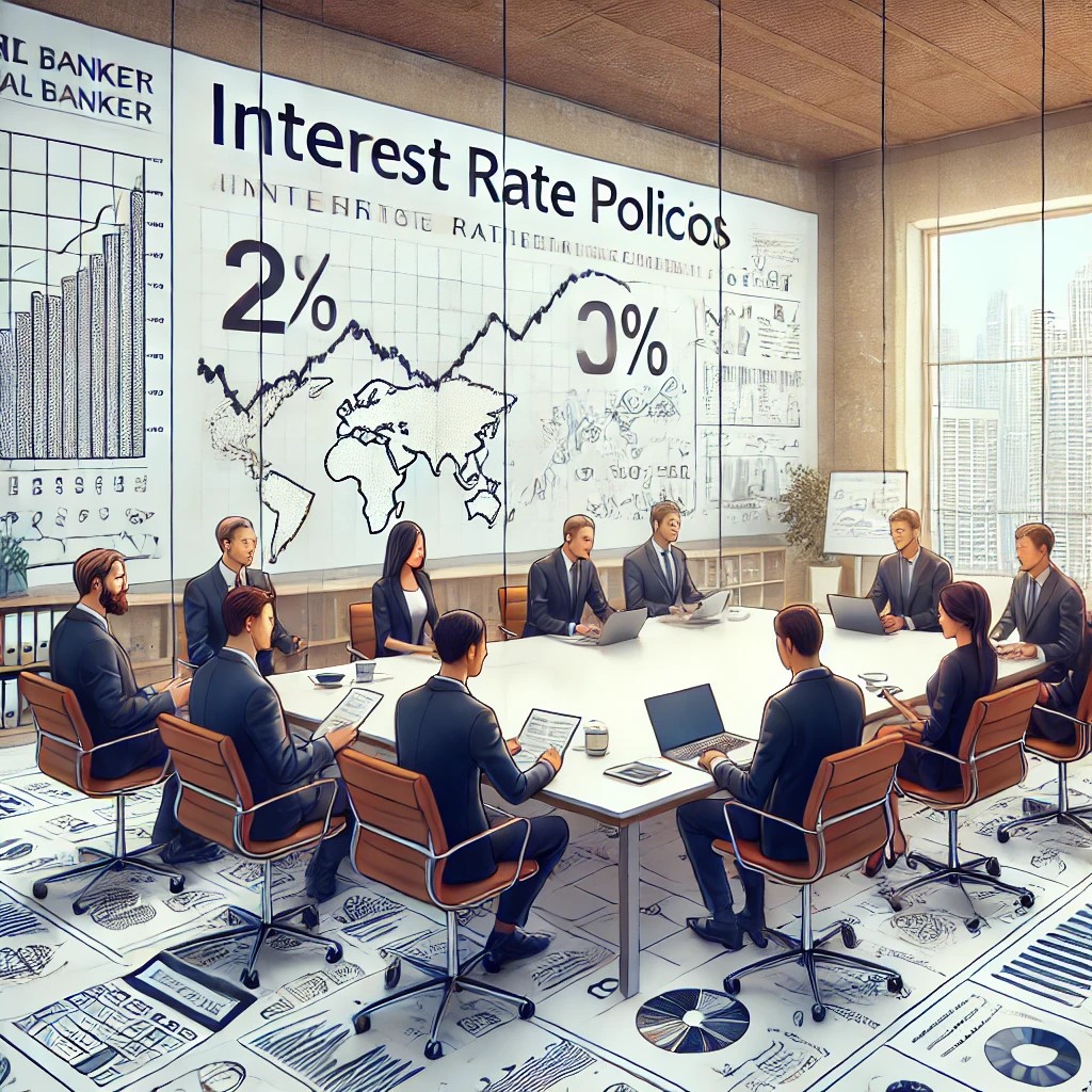 DALL·E 2024-07-28 10.04.07 - A group of central bankers in a modern office discussing interest rate policies. The setting includes whiteboards with economic charts, a conference t