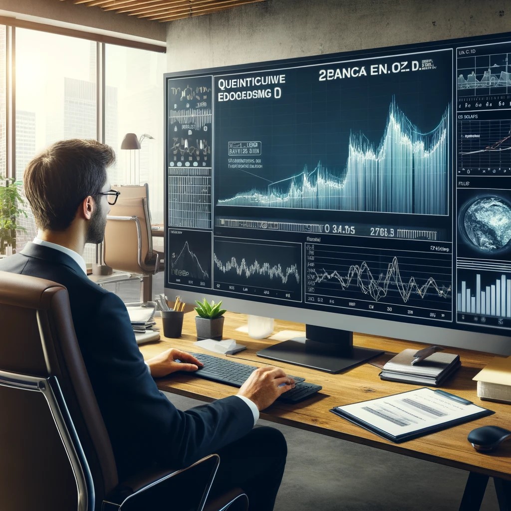 DALL·E 2024-07-28 10.04.08 - A financial analyst in a modern office reviewing quantitative easing data on a computer screen. The setting includes graphs of bond purchases and fina