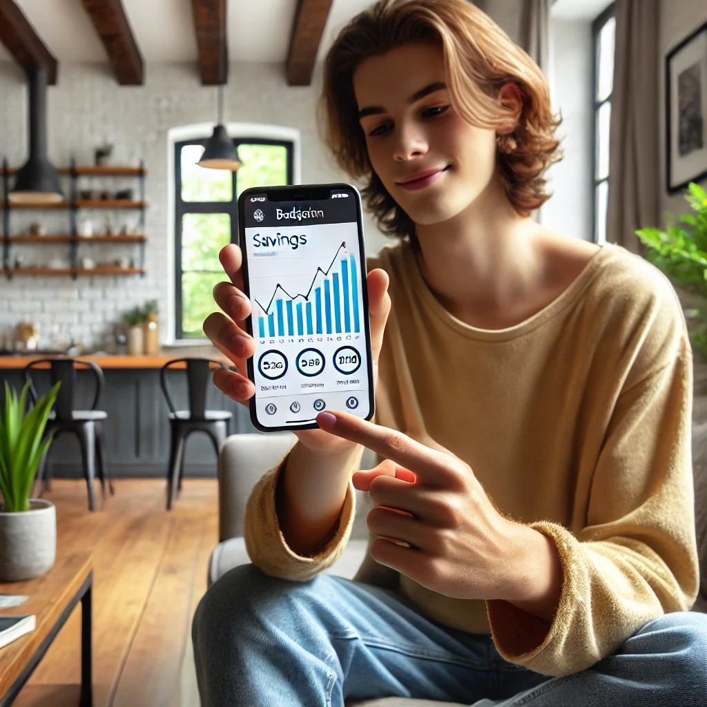 DALL·E 2024-07-27 12.52.03 - A young millennial using a mobile app for budgeting and financial planning on a smartphone. The screen shows graphs and savings goals. The background 