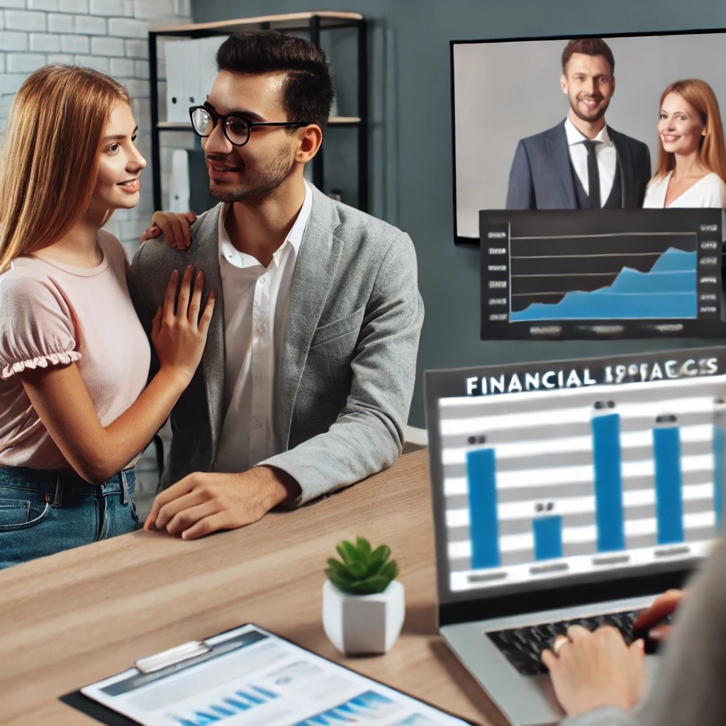 DALL·E 2024-07-27 12.52.04 - A millennial couple in a modern office meeting with a financial advisor. The screen shows financial plans and investment strategies. The background in