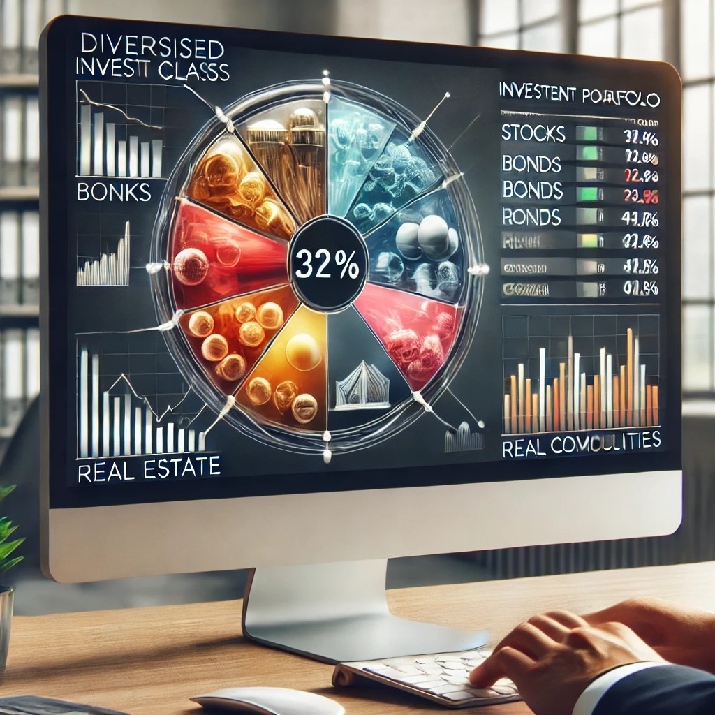 DALL·E 2024-07-27 09.30.46 - A diversified investment portfolio displayed on a computer screen. The screen shows a pie chart with various asset classes like stocks, bonds, real es