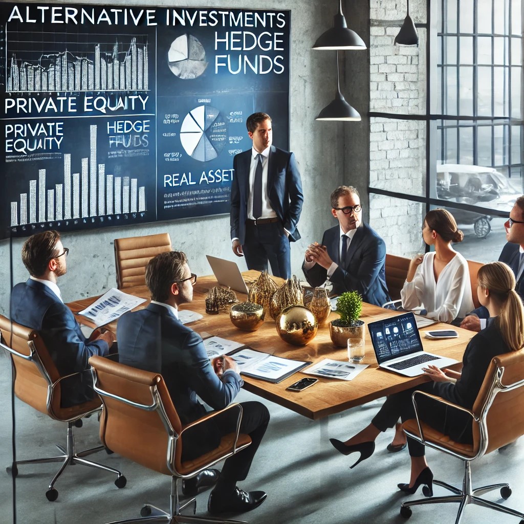 DALL·E 2024-07-27 09.30.47 - A group of financial advisors in a modern office discussing alternative investments. The setting includes a conference table with documents and laptop