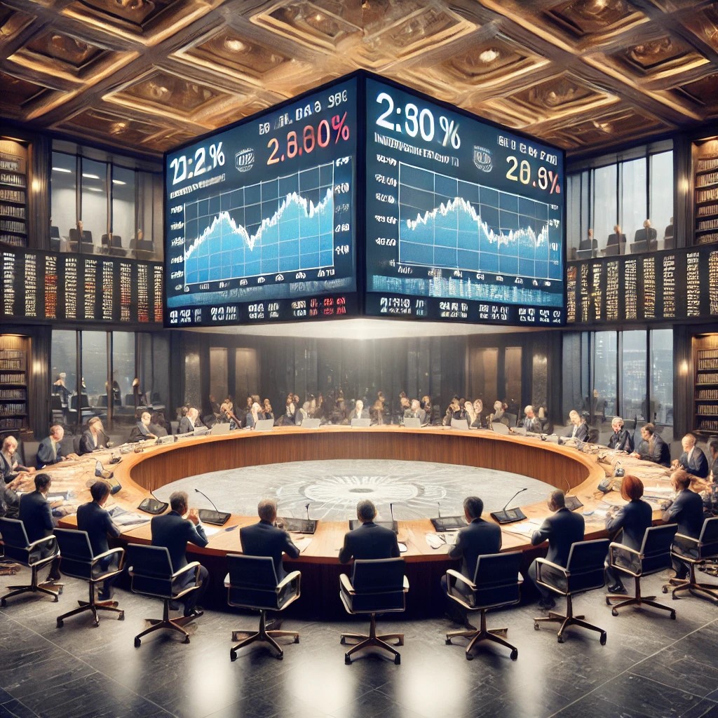 DALL·E 2024-07-27 09.42.16 - A central bank meeting room with officials discussing monetary policies. The setting includes a large conference table with documents and screens disp