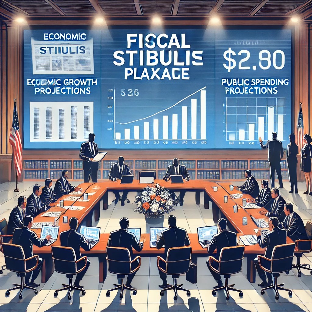 DALL·E 2024-07-27 09.42.17 - A government office with officials discussing fiscal stimulus packages. The setting includes a large table with documents, laptops, and screens showin