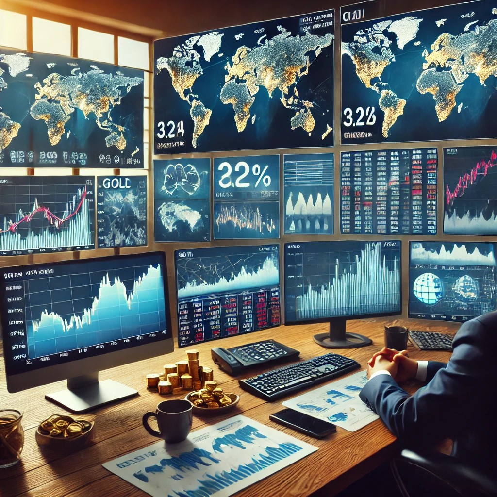 DALL·E 2024-07-29 03.33.15 - A financial analyst sitting at a desk with multiple screens showing global commodity prices, charts, and graphs for oil, gold, and agricultural produc