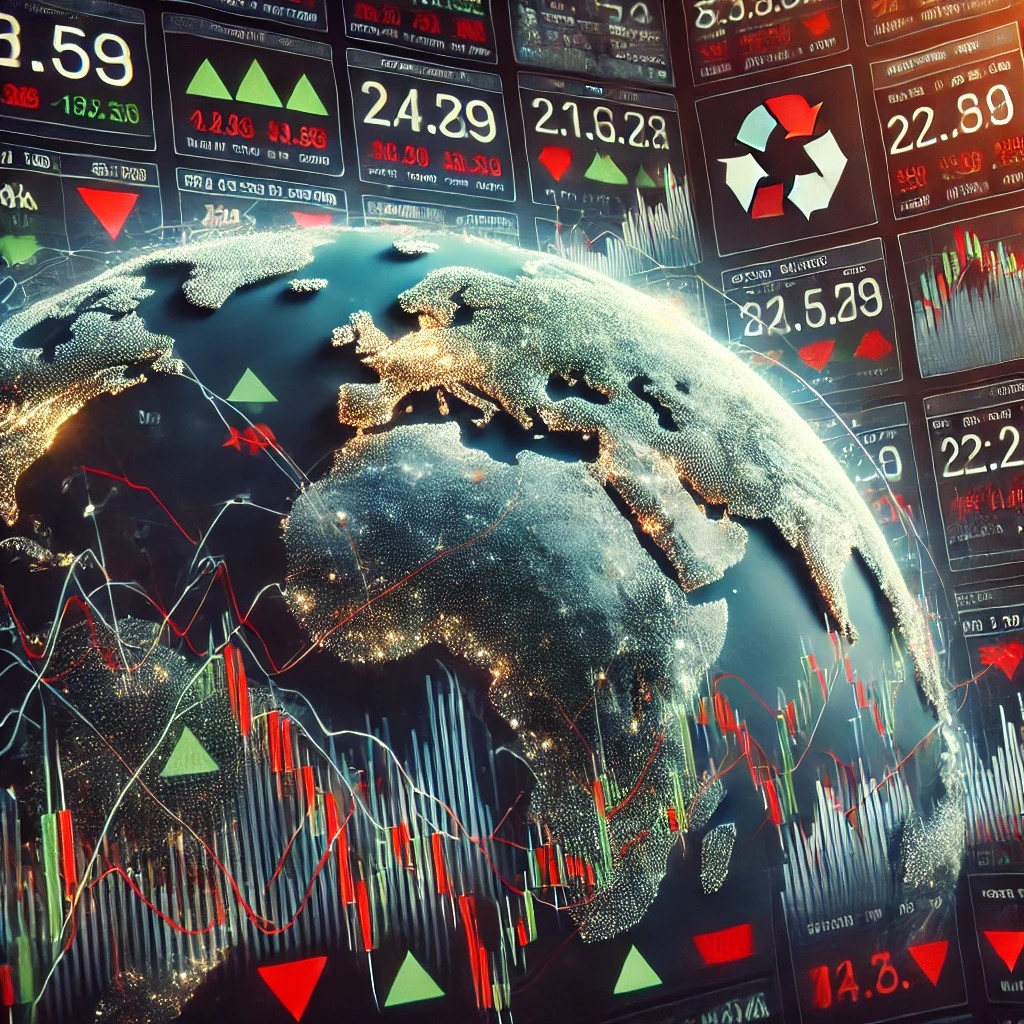 DALL·E 2024-07-27 10.25.18 - A stock market display board showing significant volatility during a global crisis. The scene includes fluctuating stock prices, red and green arrows,